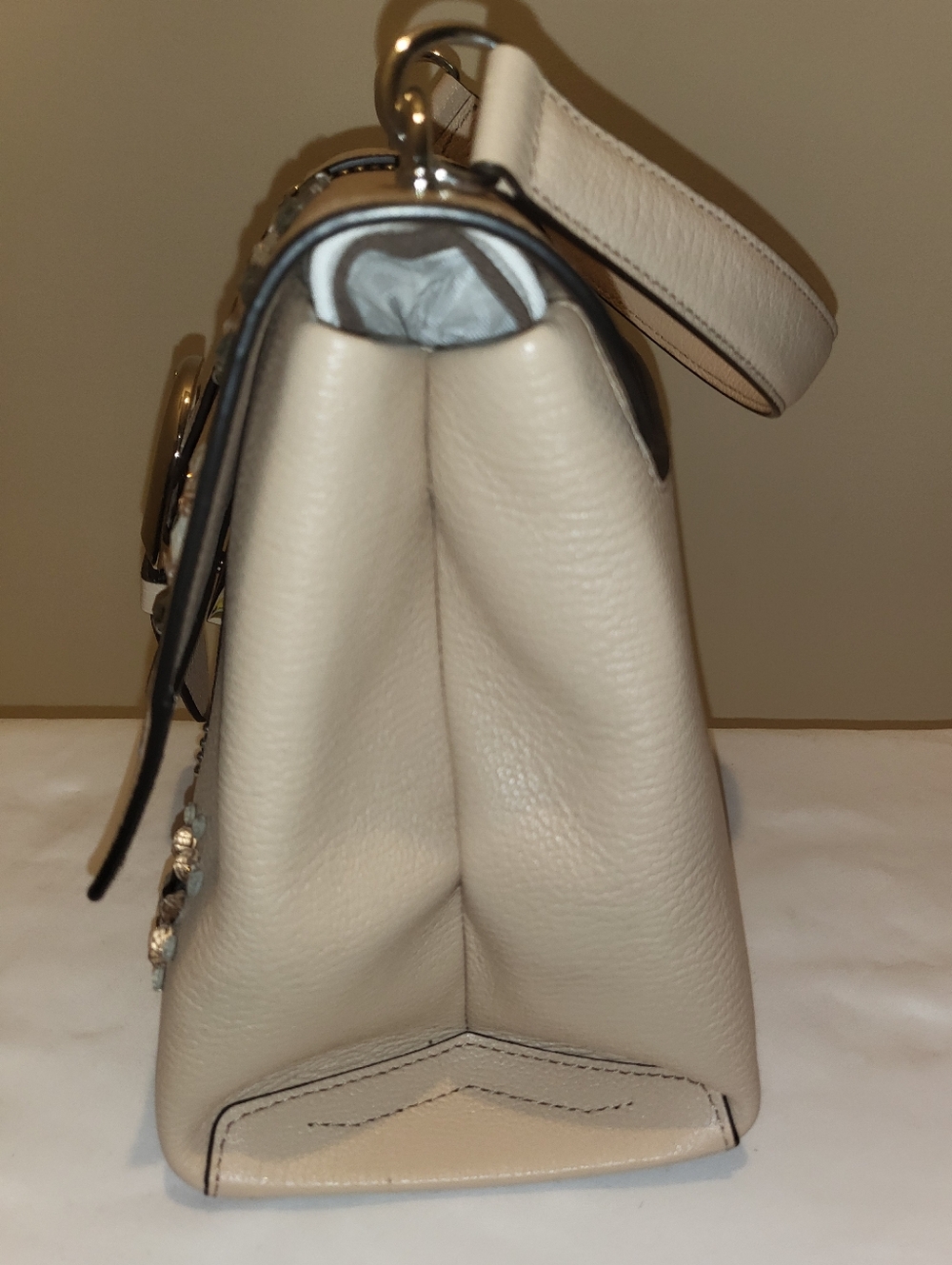 henri bendel Beige Satchel with Blue Floral Embroidery & Crystal Accents - Picture 3 of 10